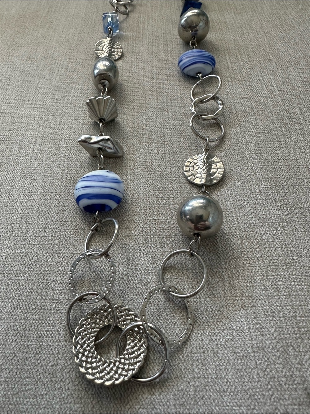 Silver Chain Necklace with Blue-White Swirl Beads